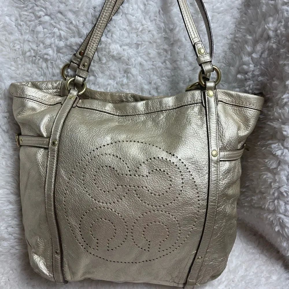 COACH Audrey Cinched Pewter gold Soft Leather Shoulder bag gold tone accents